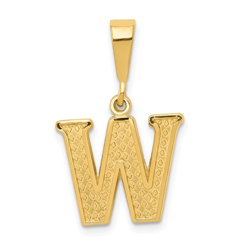 Gold initial W charm pendant with textured finish, 14k gold jewelry piece from Solomon Jewelers.