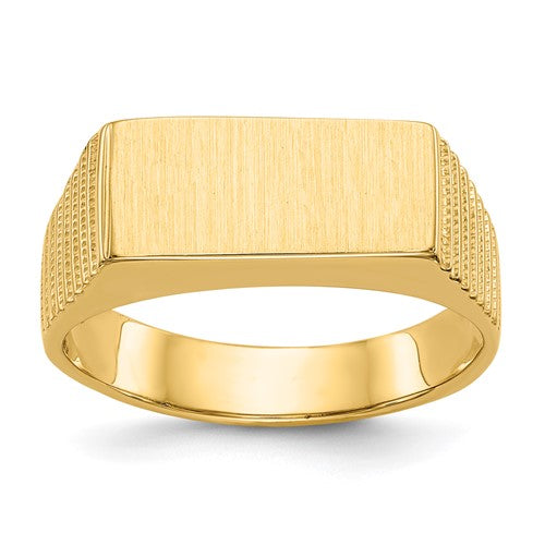 14k gold open back men's signet ring with 15.0x7.0mm face, featuring a sleek design and polished finish.