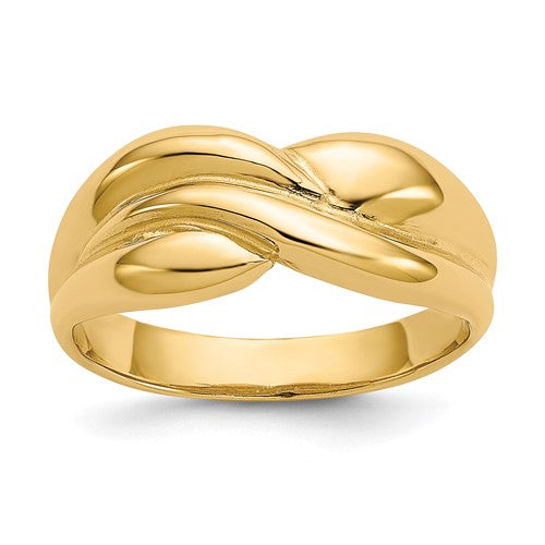 14k polished twisted dome ring from Solomon Jewelers, showcasing a smooth, shiny gold band with twisted design details.