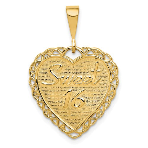 14k gold reversible Sweet 16 charm pendant from Solomon Jewelers, featuring a detailed design and shiny finish.