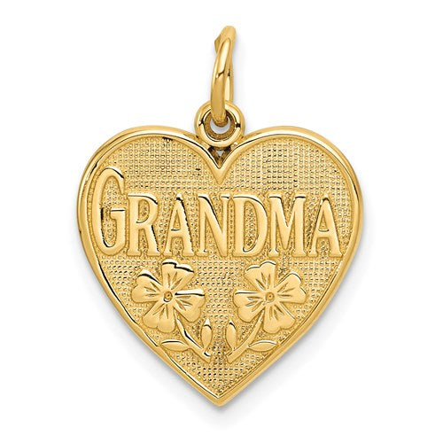 14k gold Grandma Heart Charm pendant from Solomon Jewelers, featuring a delicate heart design and engraved sentiment.