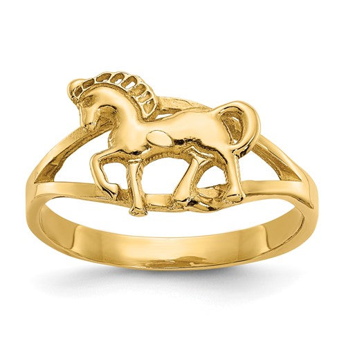 Polished 14k gold horse ring from Solomon Jewelers, showcasing smooth, shiny finish and detailed horse design in jewelry ring style.
