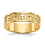 14k polished and satin cross band ring from Solomon Jewelers, showing the detailed gold cross design and smooth finish.