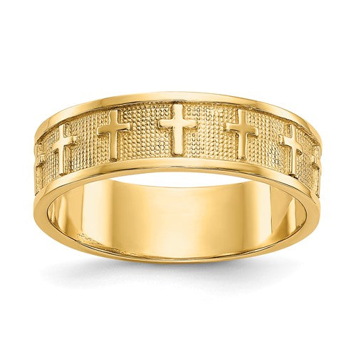14k polished and satin cross band ring from Solomon Jewelers, showing the detailed gold cross design and smooth finish.