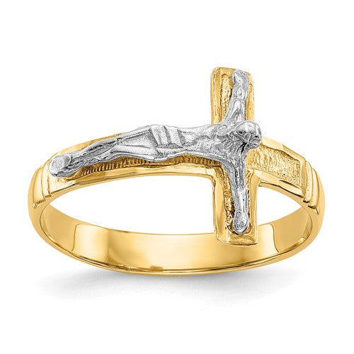 14K two-tone polished diamond-cut men's crucifix ring showcasing intricate cross design and fine jewelry craftsmanship.