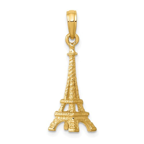14k solid gold Eiffel Tower charm with polished finish, designed for jewelry pendants and charms.