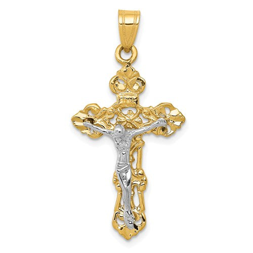 14k-two-tone-fleur-de-lis-crucifix-pendant-SolomonJeweler-Wichita-KS-CustomJewelry