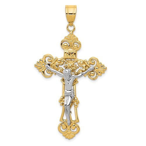 14k-two-tone-inri-fleur-de-lis-crucifix-pendant-SolomonJeweler-Wichita-KS-CustomJewelry