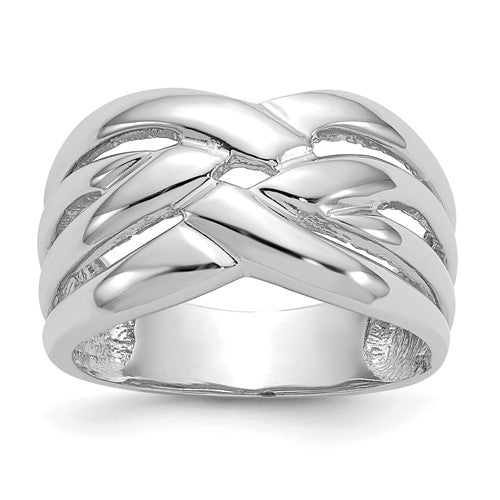 14k white gold woven dome ring with high polish finish, showcasing intricate craftsmanship in a jewelry ring.