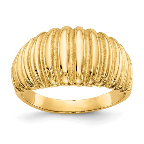 14k high polished ribbed dome ring from Solomon Jewelers, showcasing its smooth, rounded design and detailed ribbed texture.