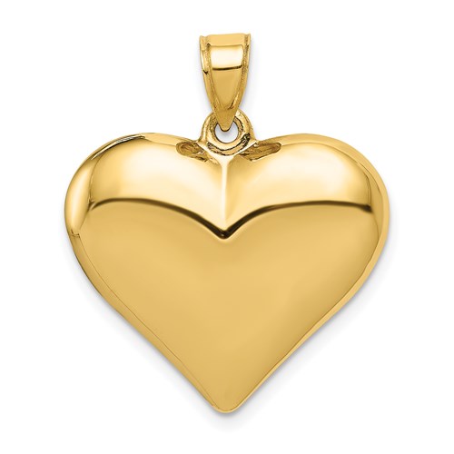 14K gold puffed heart pendant with polished finish, jewelry charm from Solomon Jewelers, featuring a 3-D design.