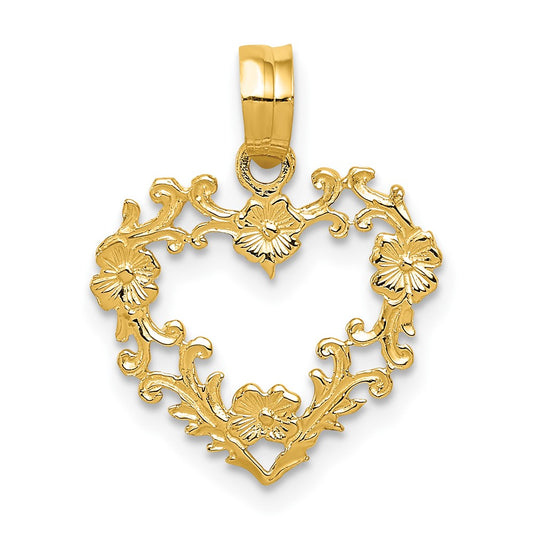 14K Polished Floral Border Heart Pendant - Solomon Jewelers