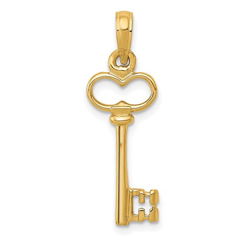 14K polished gold 3-D key charm pendant from Solomon Jewelers, featuring intricate design and shiny finish.