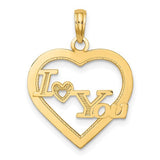 14k gold I HEART YOU heart frame charm pendant with engraved message, perfect for jewelry and gift accessories.