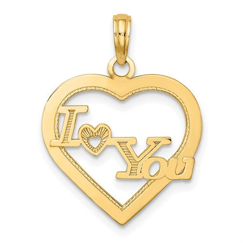 14k gold I HEART YOU heart frame charm pendant with engraved message, perfect for jewelry and gift accessories.