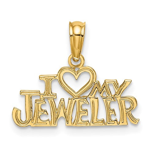 14k gold I Heart My Jeweler charm pendant with a heart shape, featuring a polished finish, ideal for necklaces or bracelets.