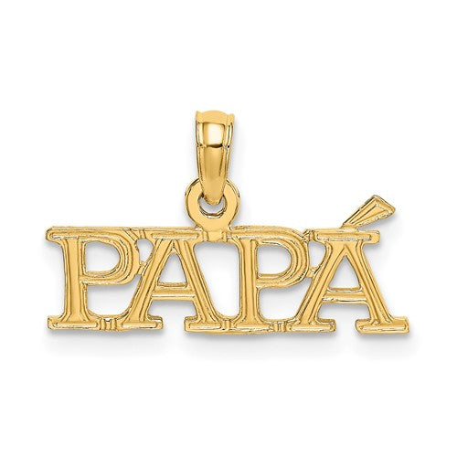 14k gold PAPA charm pendant from Solomon Jewelers, featuring a detailed and polished design on a jewelry chain.