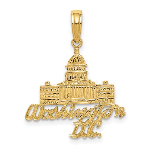 14k gold Washington D.C. Capitol Building pendant with detailed charm, designed by Solomon Jewelers.