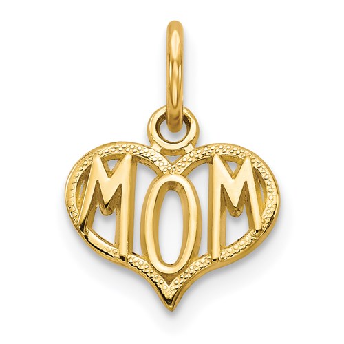 14k gold heart-shaped charm pendant from Solomon Jewelers, featuring a MOM engraving, designed for necklaces and jewelry.