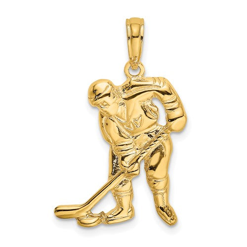 14k gold hockey player pendant with stick and puck charm, featuring detailed sports-themed jewelry from Solomon Jewelers.
