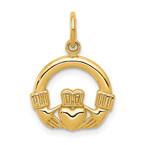 14k gold Claddagh charm pendant featuring heart, hands, and crown design, ideal for jewelry and charm collections.