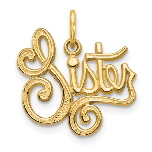 14k gold SISTER charm pendant with engraved lettering, designed by Solomon Jewelers, perfect for necklaces or bracelets.