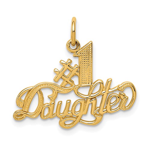14k gold daughter charm pendant with engraved "#1 DAUGHTER" lettering, jewelry piece from Solomon Jewelers.