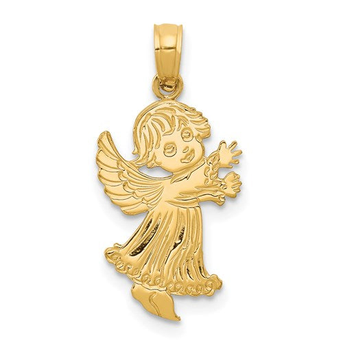 14k gold angel pendant from Solomon Jewelers, featuring a detailed angel charm with a delicate chain on a white background.