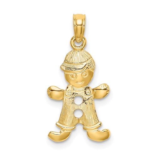 14k gold playful boy charm with cut-out buttons, jewelry pendant from Solomon Jewelers, featuring detailed craftsmanship.