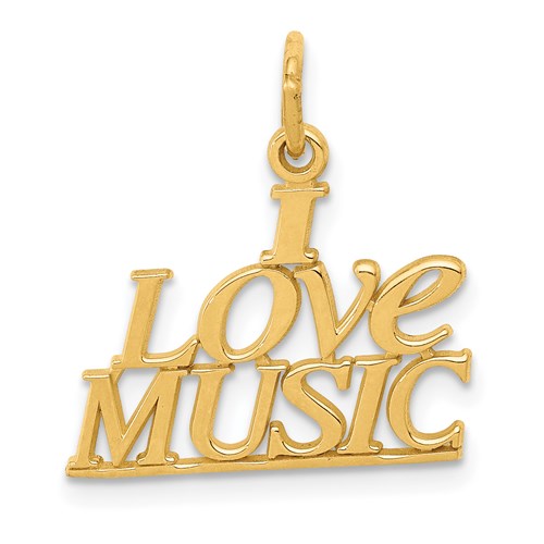 14K gold "I Love Music" charm pendant with engraved heart design, crafted by Solomon Jewelers.