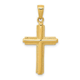 14K gold cross pendant with striped border, jewelry charm with detailed design, ideal for necklaces and religious accessories.