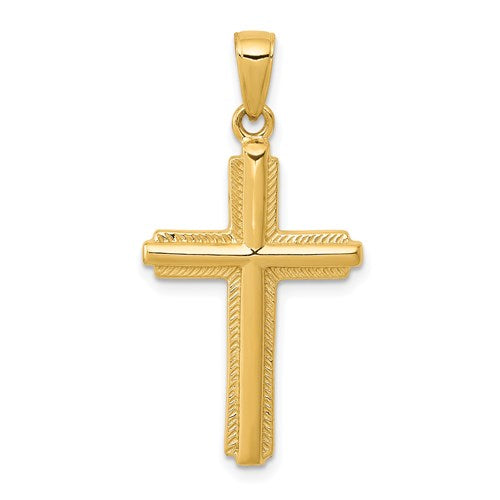 14K gold cross pendant with striped border, jewelry charm with detailed design, ideal for necklaces and religious accessories.