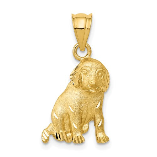 14k gold dog charm pendant from Solomon Jewelers, featuring a detailed dog design in a small, elegant jewelry piece