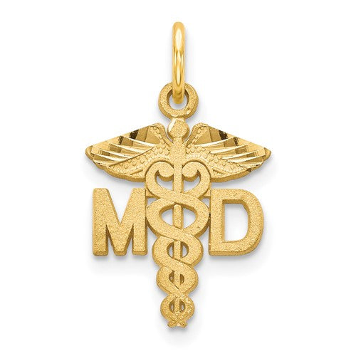14k gold caduceus charm pendant, medical symbol jewelry piece from Solomon Jewelers, featuring intricate design and gold finish.
