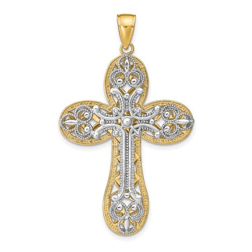 14k-two-tone-diamond-cut-layered-cross-pendant-SolomonJeweler-Wichita-KS-CustomJewelry