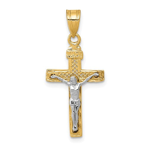 14k-two-tone-diamond-cut-lattice-cross-w-crucifix-pendant-SolomonJeweler-Wichita-KS-CustomJewelry