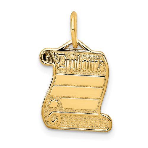 14k gold diploma charm pendant from Solomon Jewelers, featuring a detailed miniature diploma design for jewelry embellishment.