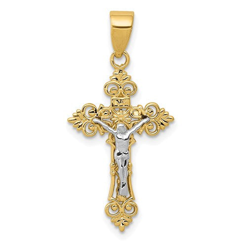 14k-two-tone-small-lacy-edge-inri-crucifix-pendant-SolomonJeweler-Wichita-KS-CustomJewelry