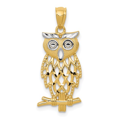 14k-yellow-gold-rhodium-diamond-cut-owl-pendant-SolomonJeweler-Wichita-KS-CustomJewelry