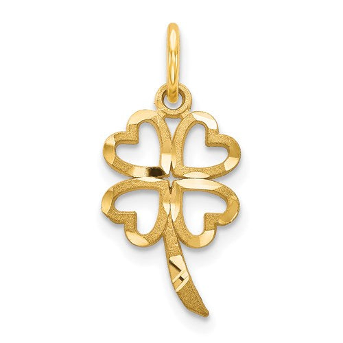 14k gold four-leaf clover charm pendant from Solomon Jewelers, featuring a detailed four-leaf clover design for jewelry accessories.