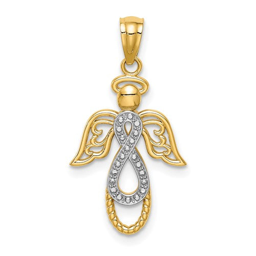 14K gold rhodium infinity angel pendant with detailed angel charm, perfect for gold pendants and charms.