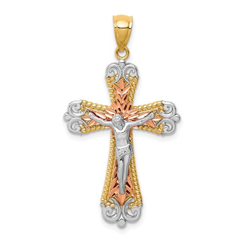 14k-tri-color-d-c-w-white-rhodium-crucifix-pendant-SolomonJeweler-Wichita-KS-CustomJewelry