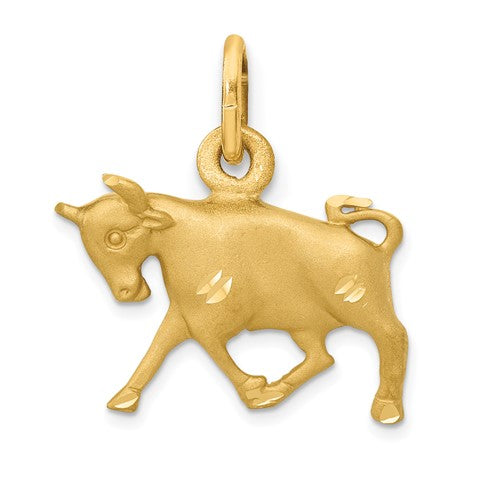 14k satin gold Taurus zodiac charm with diamond-cut detailing, crafted by Solomon Jewelers, ideal for pendant or charm jewelry.