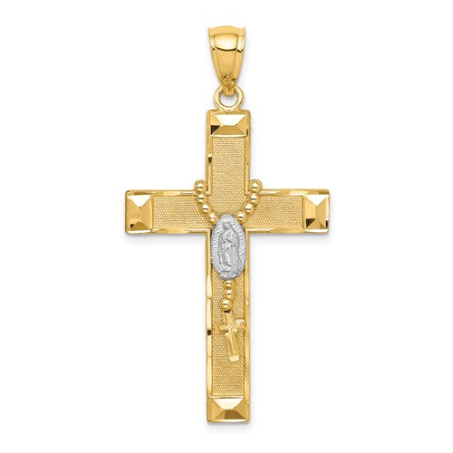 14K gold rhodium cross pendant with rosary design, featuring intricate details and a religious jewelry style from Solomon Jewelers.