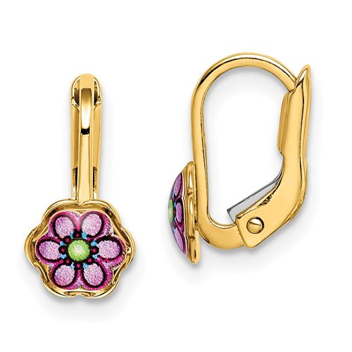 14k-childrens-enamel-flower-leverback-earrings-SolomonJeweler-Wichita-KS-CustomJewelry