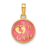14k-polished-with-pink-enamel-and-clear-epoxy-resin-its-a-girl-pendant-SolomonJeweler-Wichita-KS-CustomJewelry