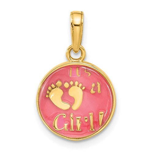14k-polished-with-pink-enamel-and-clear-epoxy-resin-its-a-girl-pendant-SolomonJeweler-Wichita-KS-CustomJewelry