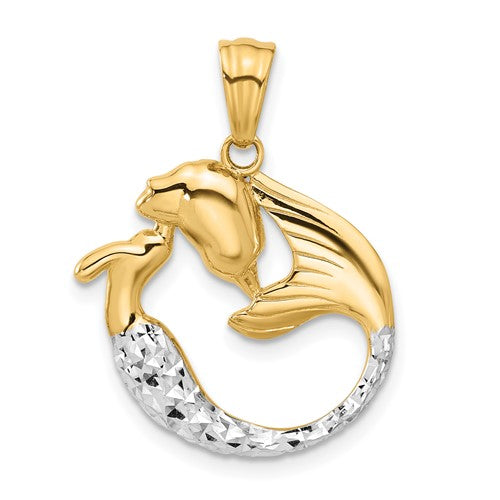 14K white rhodium diamond cut mermaid pendant, gold jewelry charm with detailed ocean-inspired design, from Solomon Jewelers.