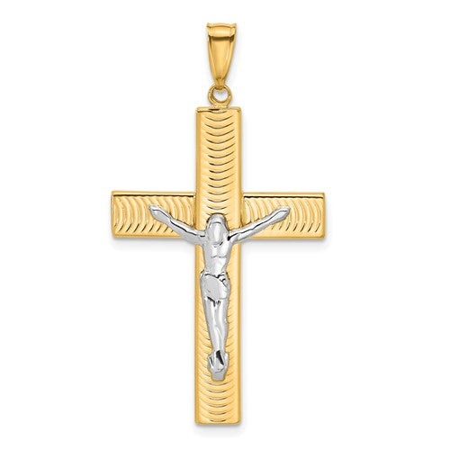 14k-two-tone-polished-and-textured-crucifix-pendant-SolomonJeweler-Wichita-KS-CustomJewelry