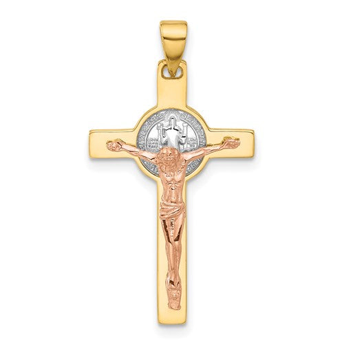 14k-two-tone-with-white-rhodium-crucifix-and-st-benedict-pendant-SolomonJeweler-Wichita-KS-CustomJewelry